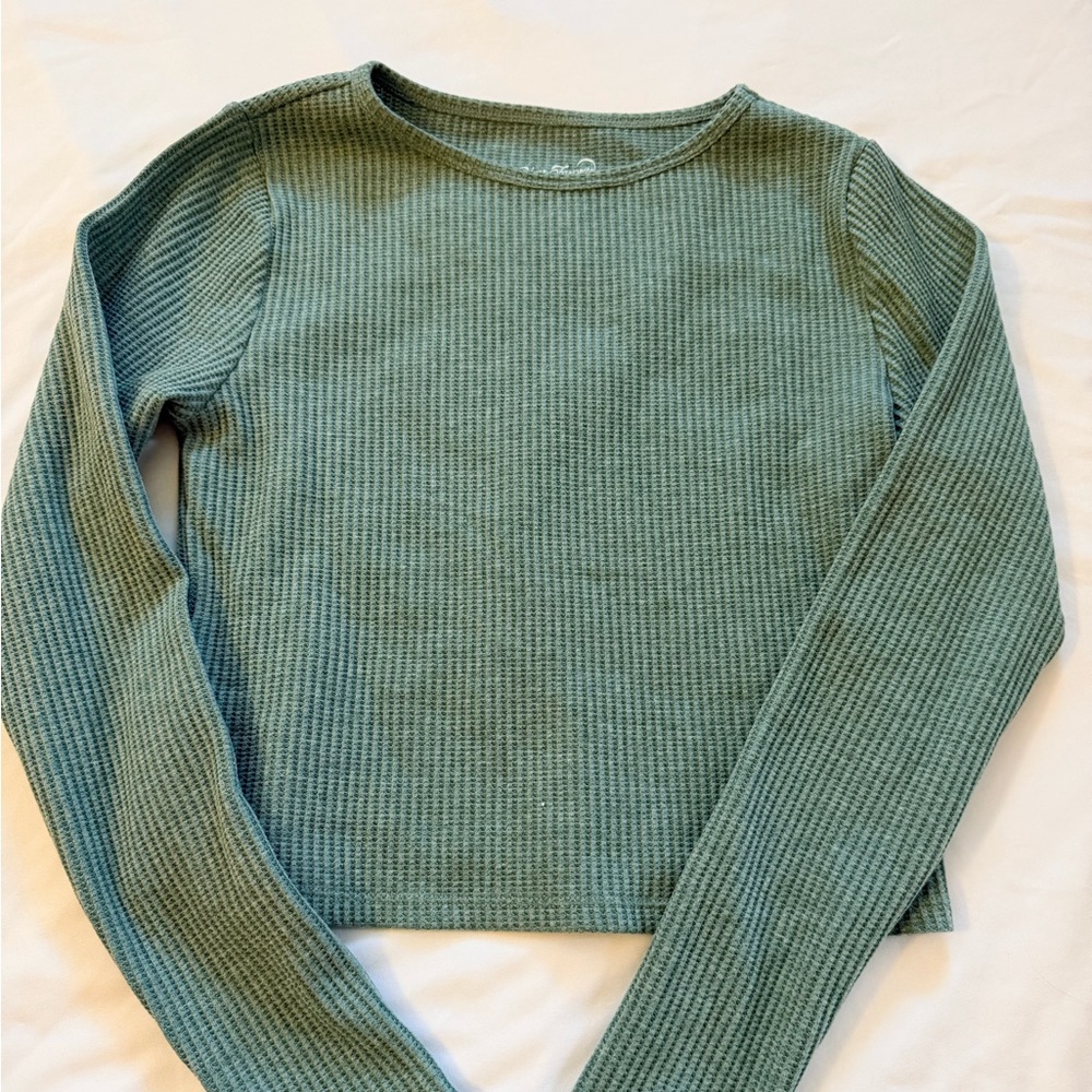 Waffle Knit Long Sleeve Top - Sage Green